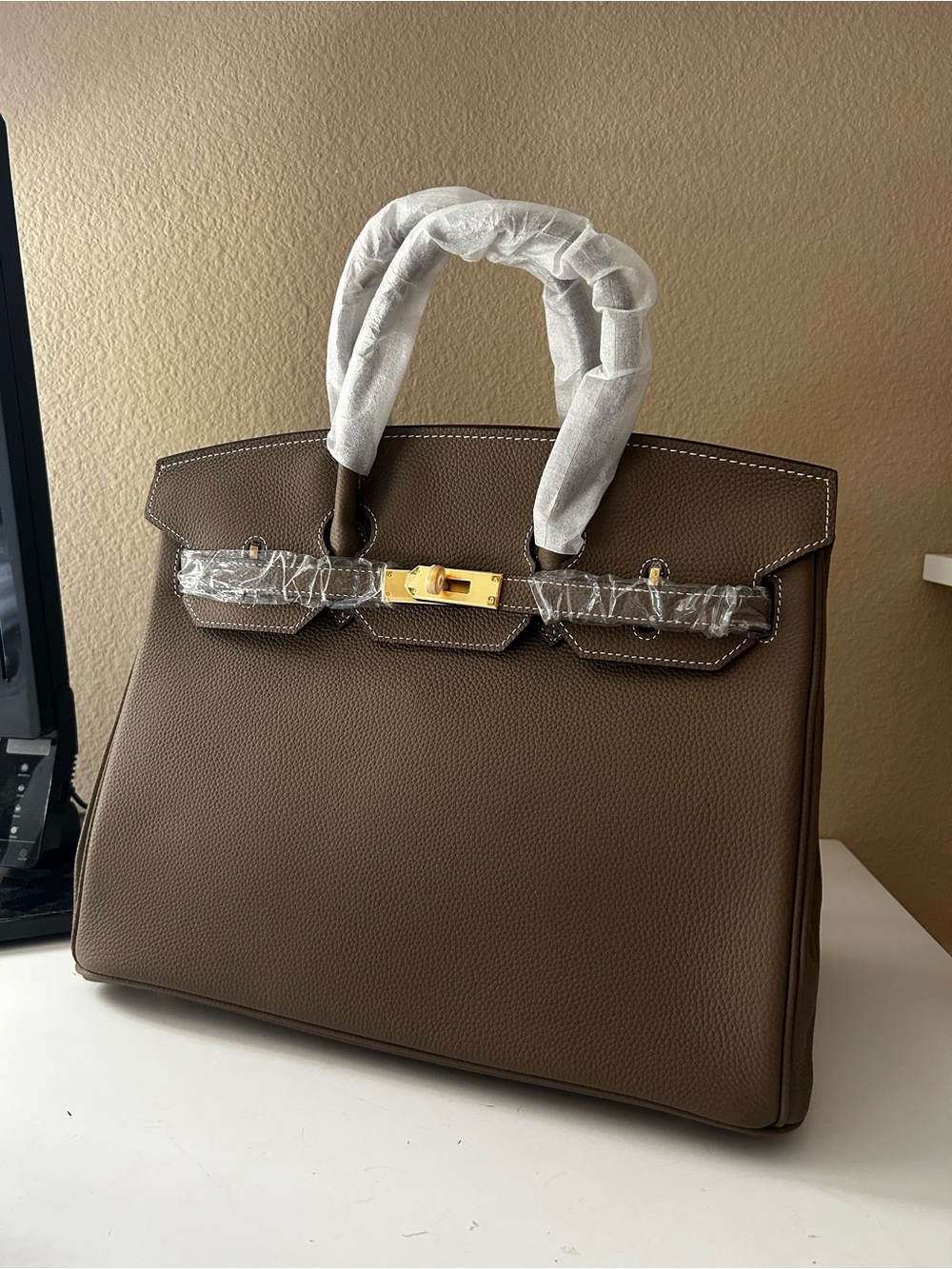 35cm Khaki Leather Top-Handle Satchel
